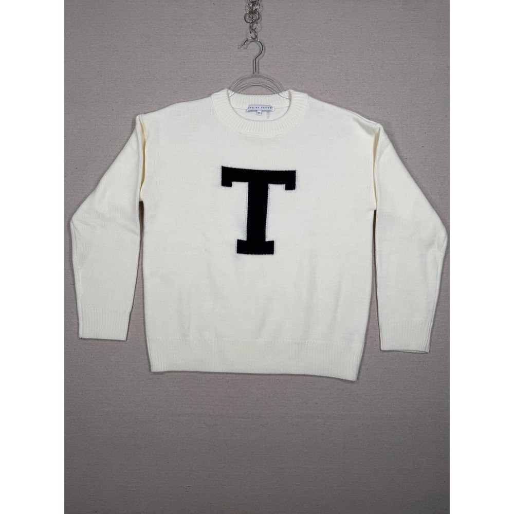 English Factory White Varsity Letter T Intarsia Knit Crewneck Sweater Medium